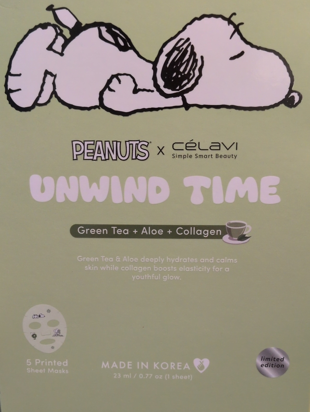 Peanuts Green Tea + Aloe Collagen Sheet Mask - 5 Pack